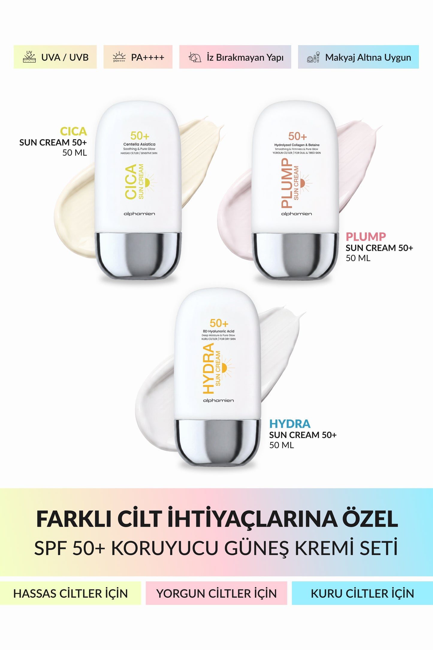 Cica Sun Cream + Plump Sun Cream + Hydra Sun Cream SPF50+ PA++++ UVA/UVB 50 ml 3’li Güneş Kremi Seti