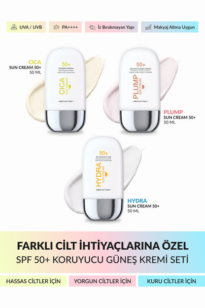 Cica Sun Cream + Plump Sun Cream + Hydra Sun Cream SPF50+ PA++++ UVA/UVB 50 ml 3’li Güneş Kremi Seti