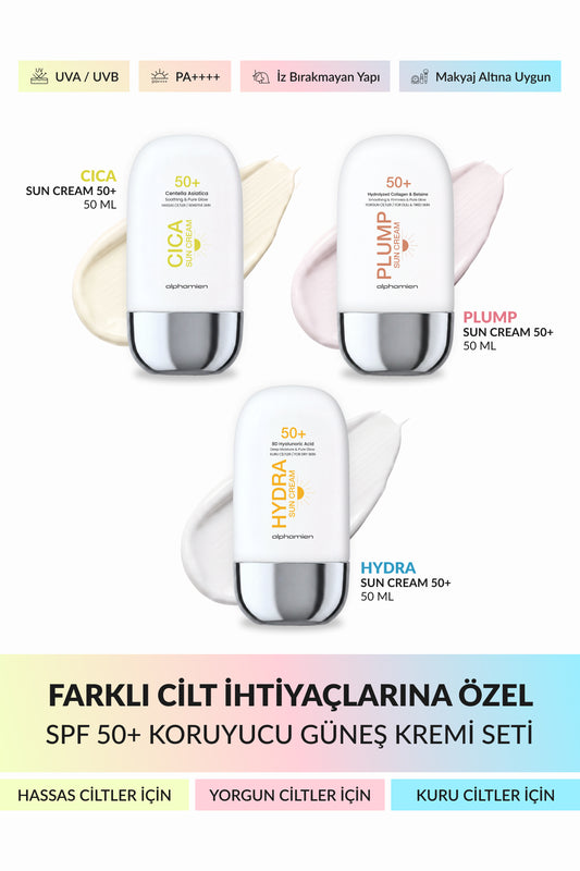 Cica Sun Cream + Plump Sun Cream + Hydra Sun Cream SPF50+ PA++++ UVA/UVB 50 ml 3’li Güneş Kremi Seti