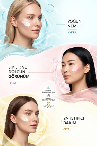 Cica Sun Cream + Plump Sun Cream + Hydra Sun Cream SPF50+ PA++++ UVA/UVB 50 ml 3’li Güneş Kremi Seti