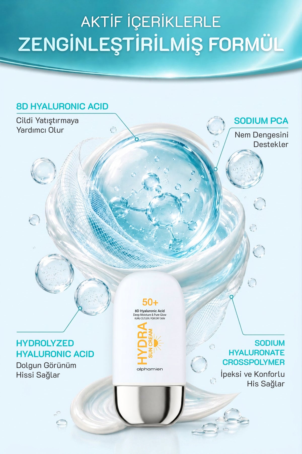Hydra Sun Cream 8D Hyaluronic Acid / Kuru Ciltlere Özel SPF50+ PA+++++ UVA/UVB 50ml